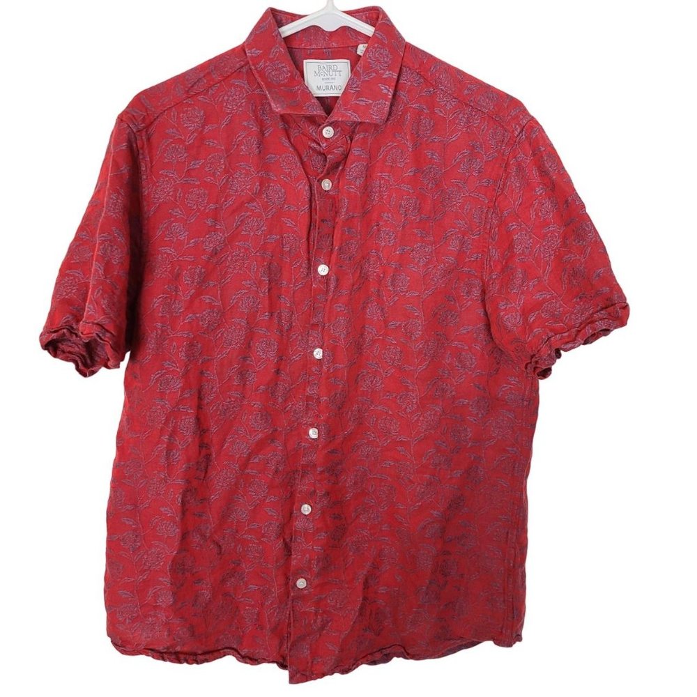 Baird McNutt Murano Mens M Red Embroidered Floral Linen Cotton Button Up Shirt